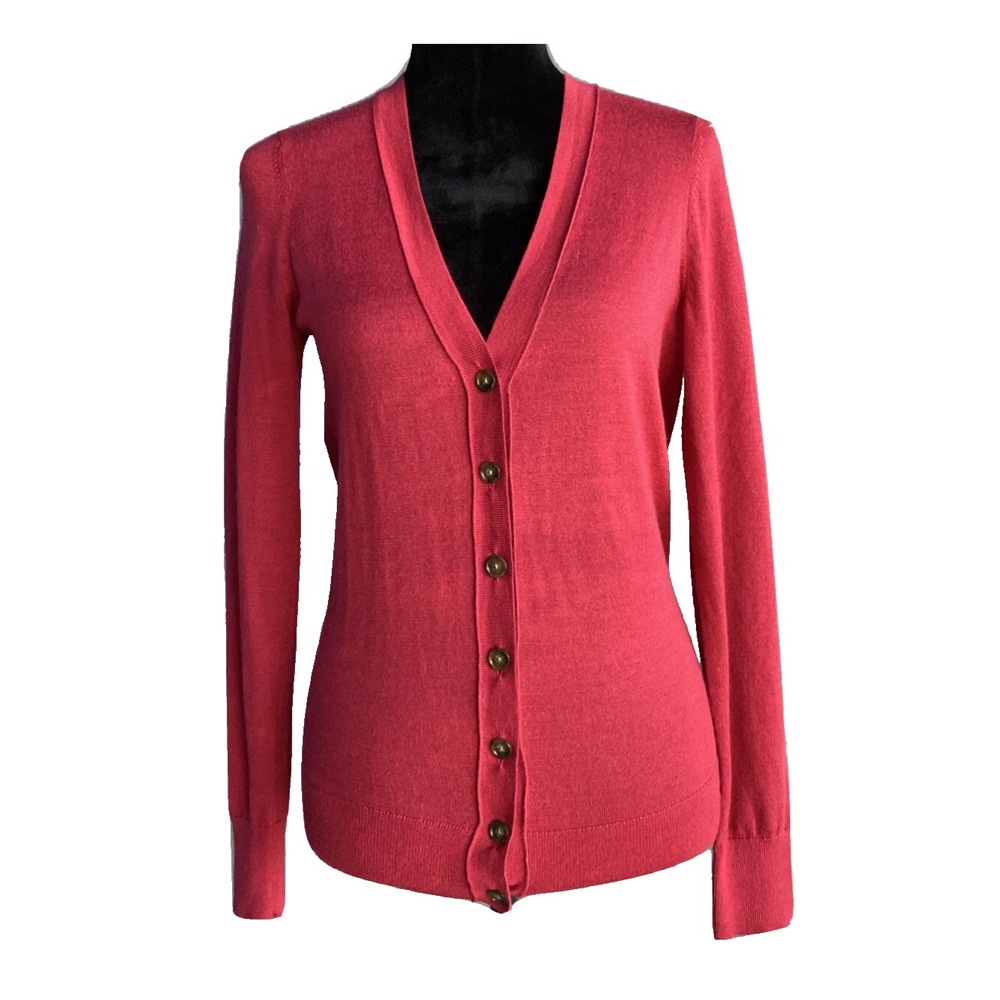 LOFT Cardigan SMALL Red Lightweight Wool Bl Long Sl Preppy Sweater Casual Career